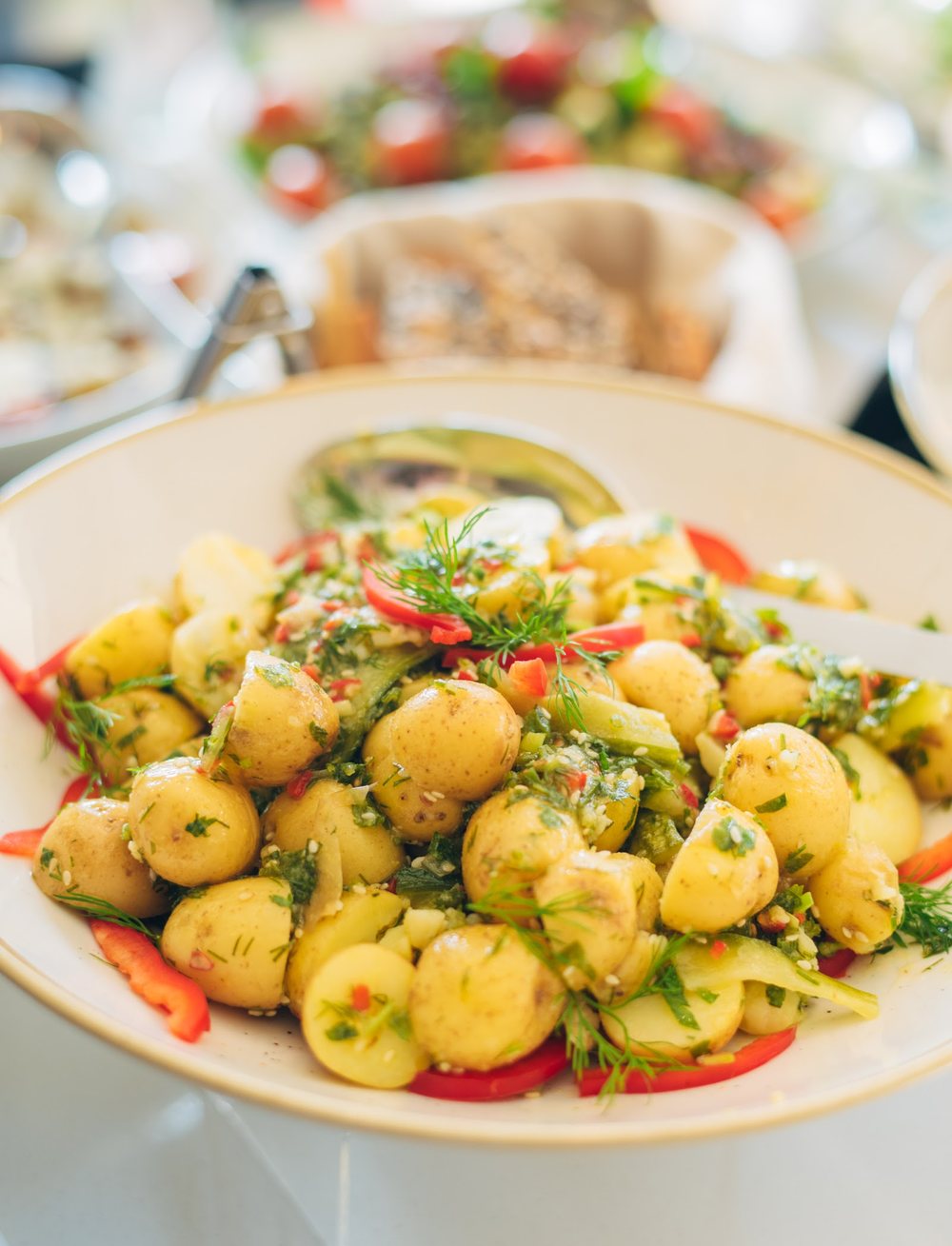 New potato salad with dill, chilli and herbs at Fika's deli counter